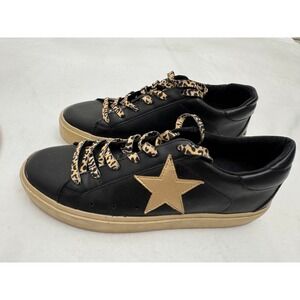 Shu Shop Womens Black Sneakers Gold Star Leopard Laces Low Top Shoes Size 9